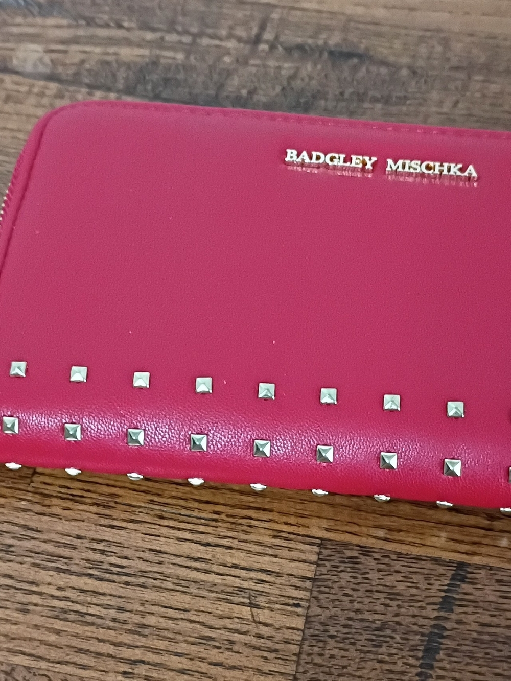 Badgley Mischka Red Zip Around Wallet with Gold Studs